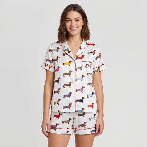 Women's long-sleeve satin pajama set with rows of dachshunds in rainbow tartan and striped sweaters on white - short sleeve and shorts