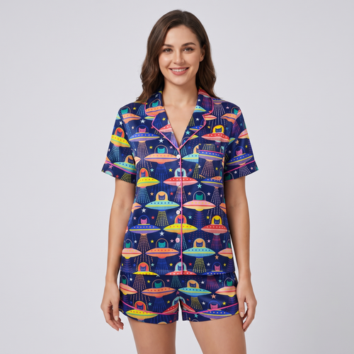 Space Saucer Cats Women's Pajama Set - short sleeve and shorts