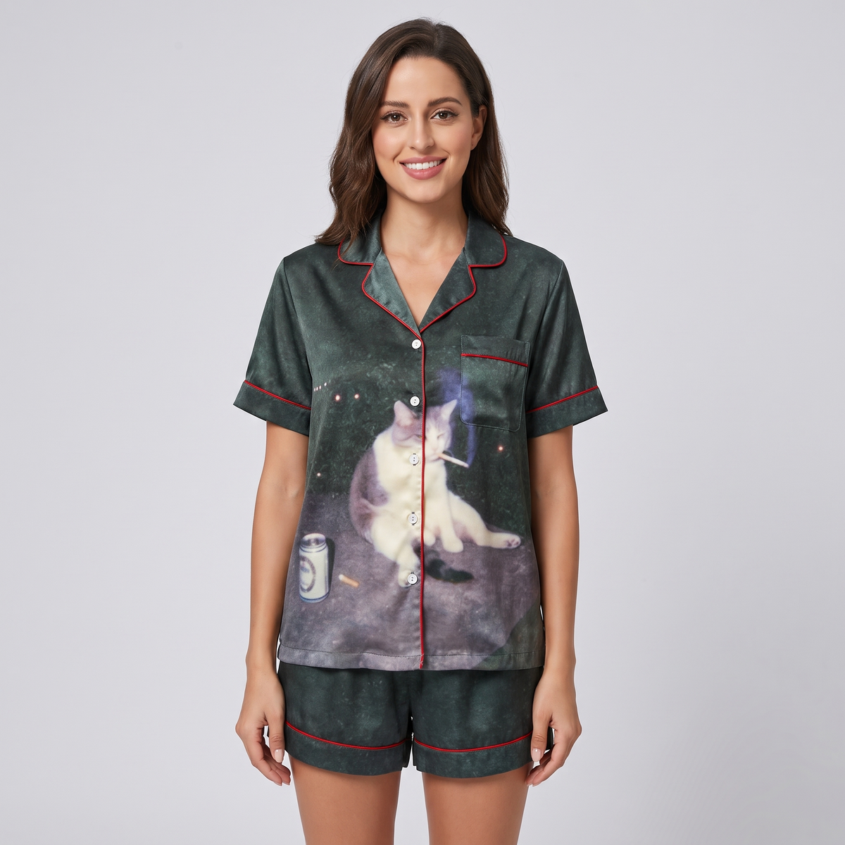 Midnight Lounge Cat Women's Pajama Set - short sleeve and shorts