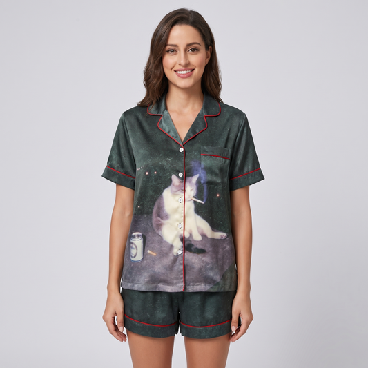 Midnight Lounge Cat Women's Pajama Set - short sleeve and shorts