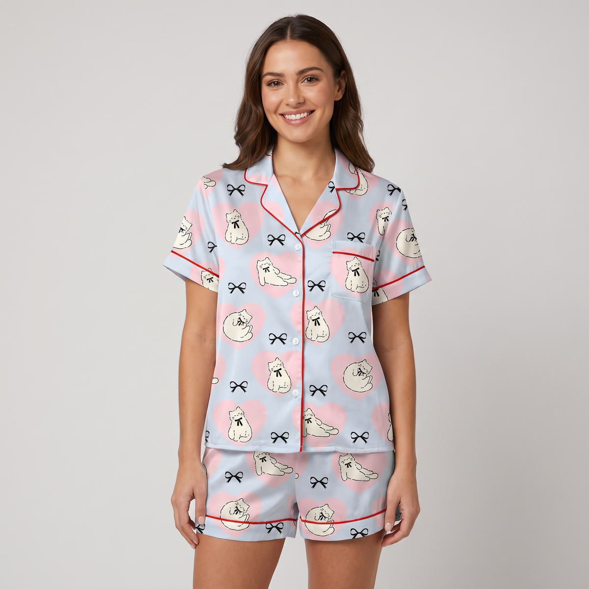 Heart Bow Kittens Women's Pajama Set - Light Blue