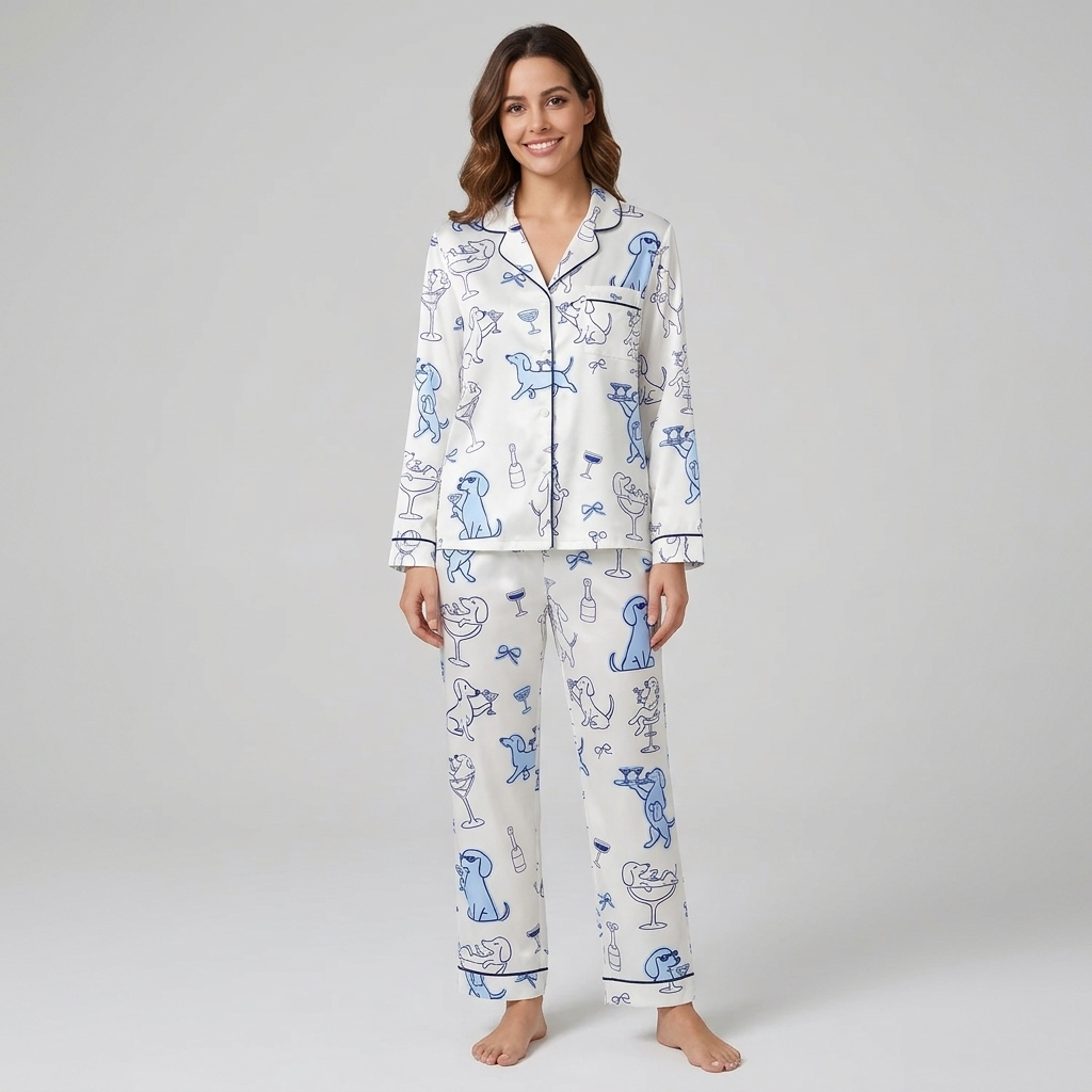 Women's satin pajama set with blue dachshunds in sunglasses toasting with martinis and champagne on white - long sleeve and pants