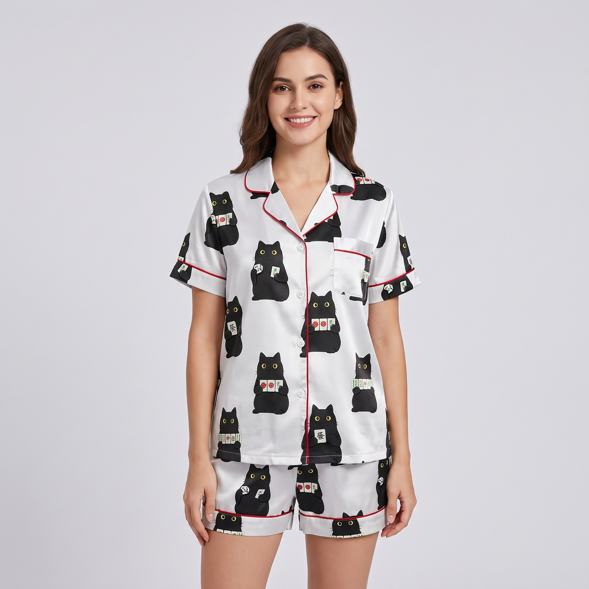 Mahjong Black Cats Women's Pajama Set - short sleeve and shorts