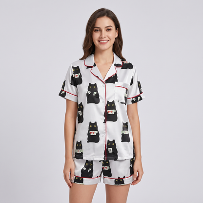 Mahjong Black Cats Women's Pajama Set - short sleeve and shorts