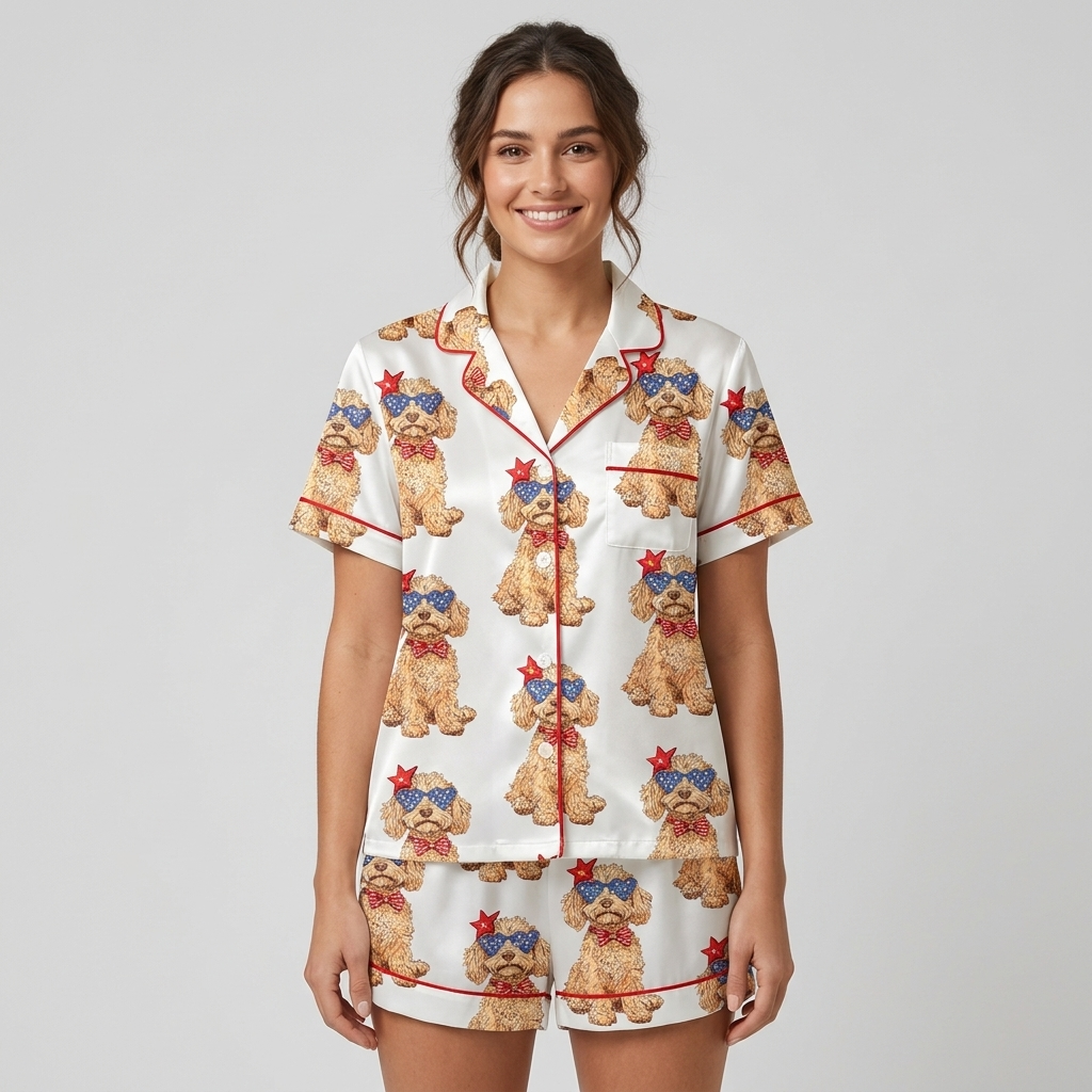 Women's satin pajama set with curly Goldendoodles in star sunglasses and red bow ties on white with red piping - short sleeve and shorts
