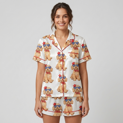 Women's satin pajama set with curly Goldendoodles in star sunglasses and red bow ties on white with red piping - short sleeve and shorts