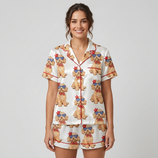 Women's satin pajama set with curly Goldendoodles in star sunglasses and red bow ties on white with red piping - short sleeve and shorts