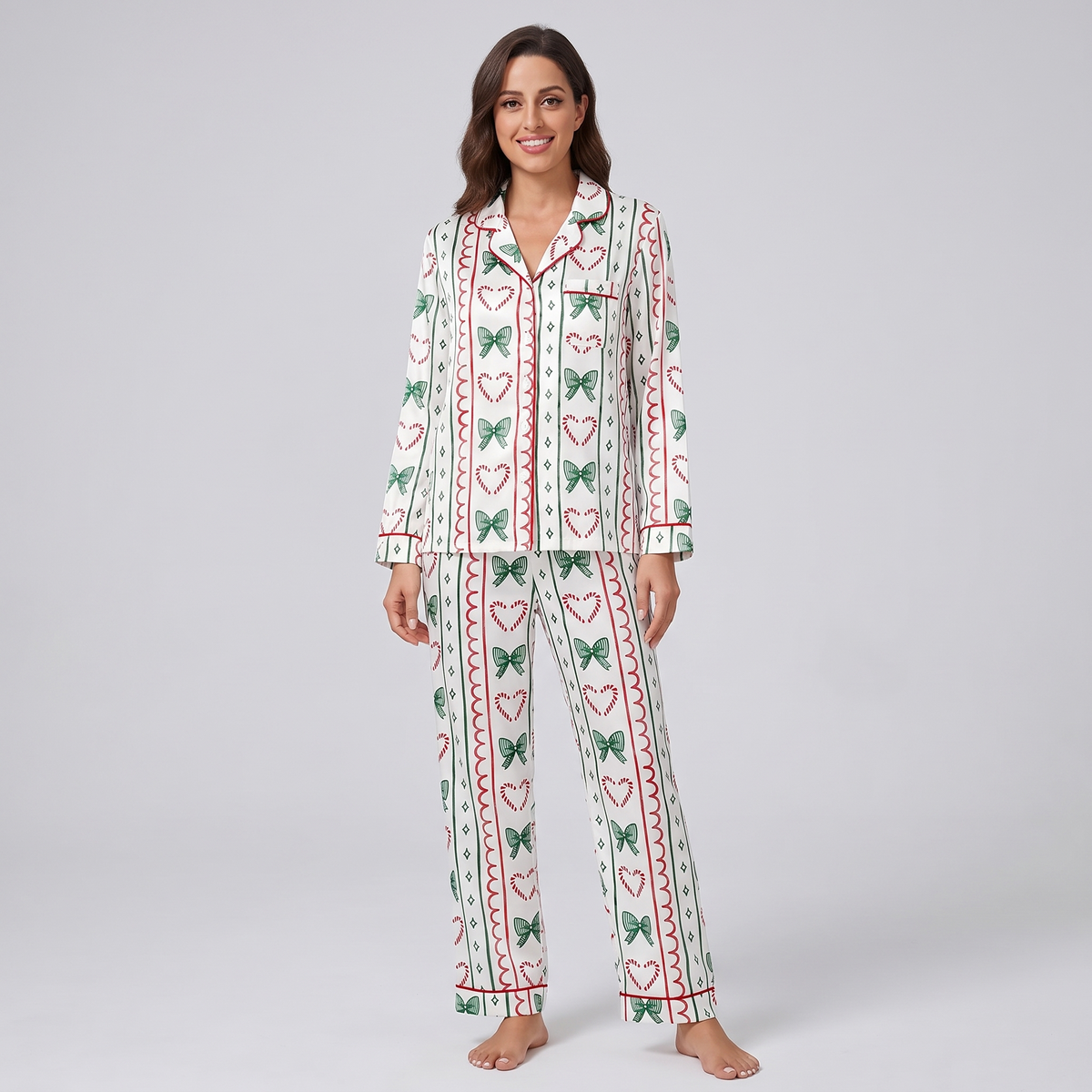 Candy Cane Stripes & Bows Women's Pajama Set - long sleeve and pants