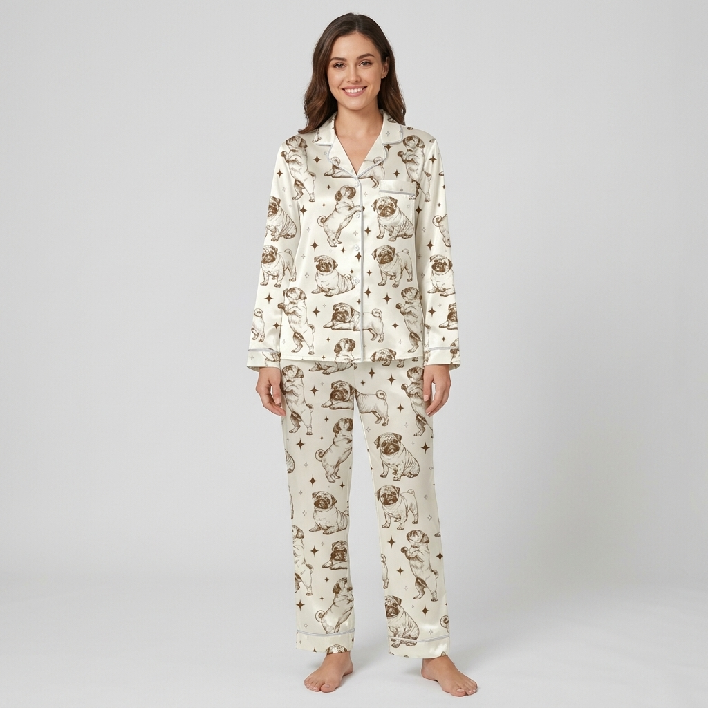 Women's satin pajama set with pencil-sketched pugs with tiny stars on ivory - long sleeve and pants