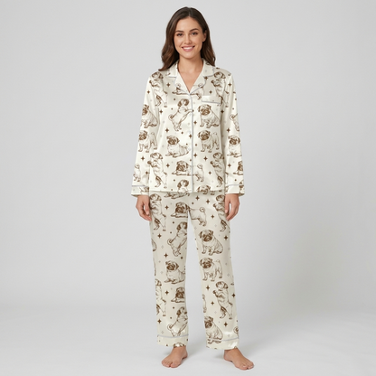 Women's satin pajama set with pencil-sketched pugs with tiny stars on ivory - long sleeve and pants