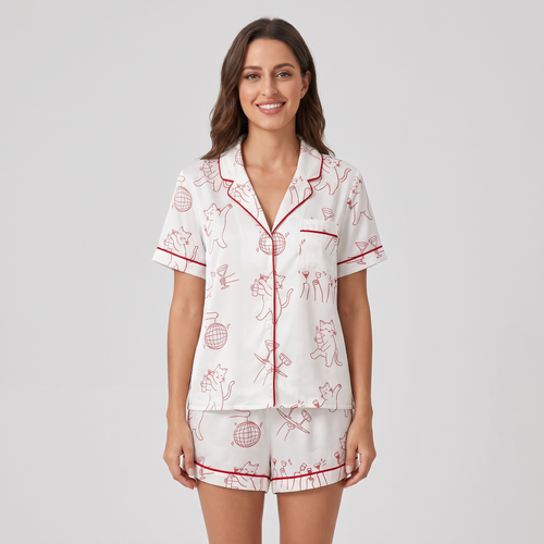 Disco Cocktail Cats Women's Pajama Set - short sleeve and shorts