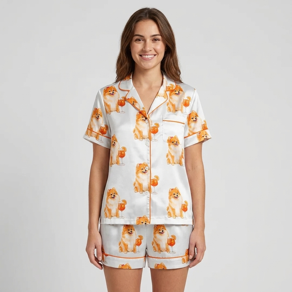 Women's satin pajama set with Pomeranians beside orange spritz cocktails on white with orange piping - short sleeve and shorts
