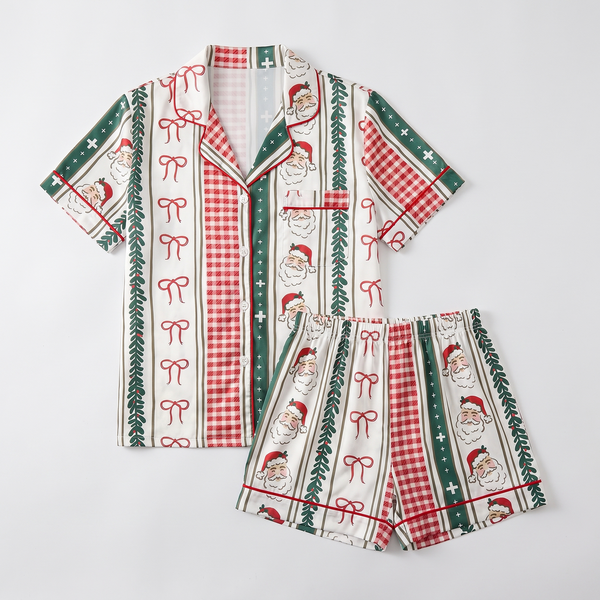 Striped Santa Check Women's Pajama Set - flat lay