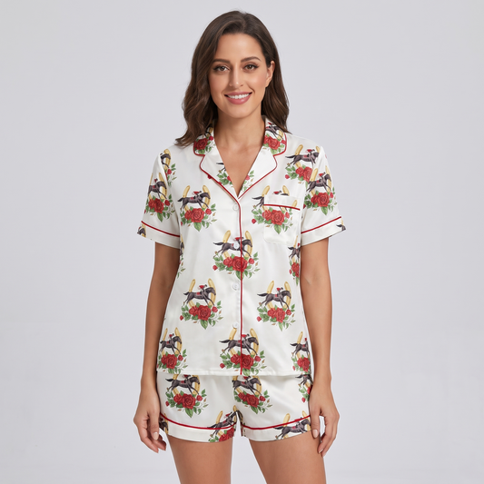 Red Rose Jockey Horses Women's Pajama Set - short sleeve and shorts
