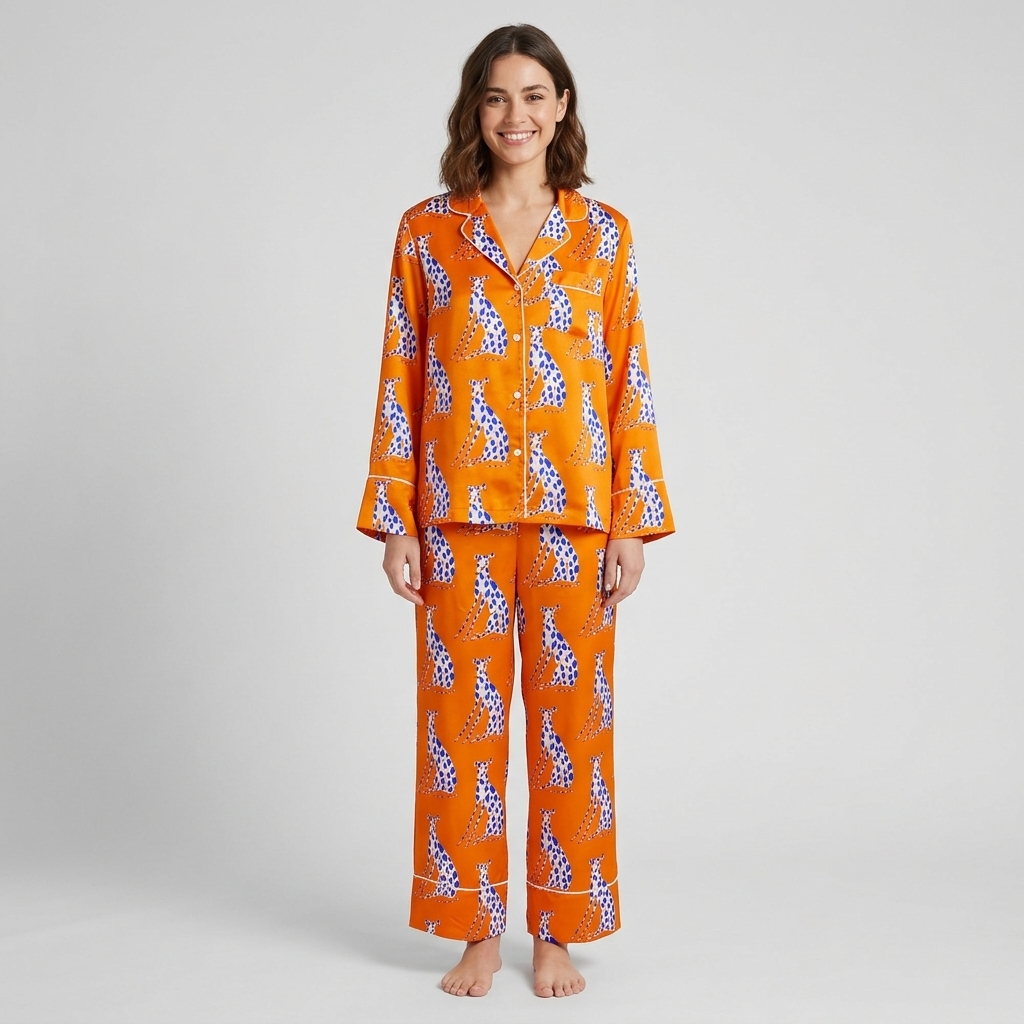 Women's satin pajama set with seated blue-spotted greyhounds on a bright tangerine orange background - long sleeve and pants