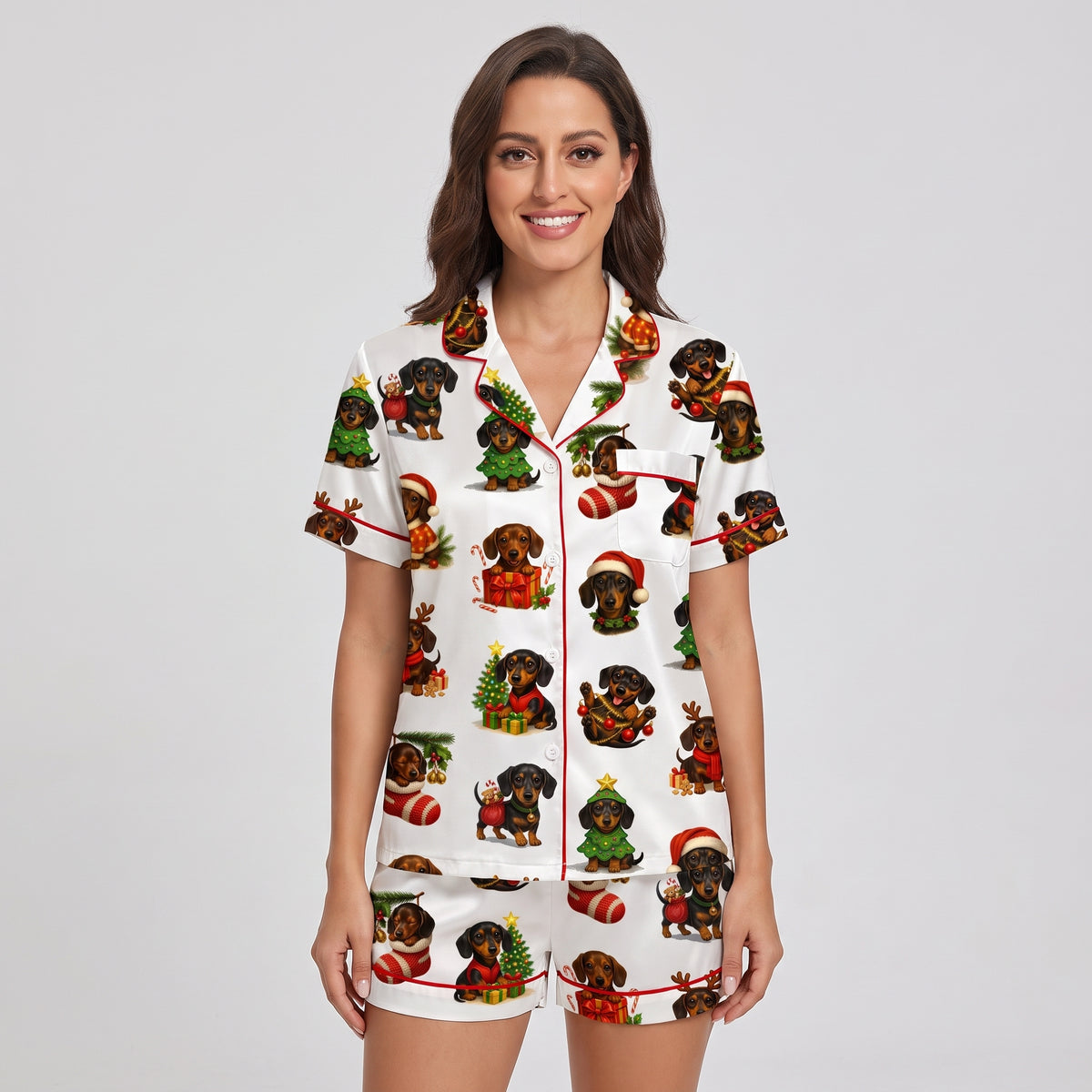 Dachshund Wreaths Women's Pajama Set - short sleeve and shorts