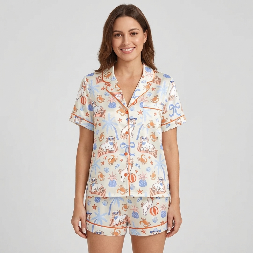 Women's satin pajama set with white pups in sunglasses with crabs, pineapples and palm trees - short sleeve and shorts