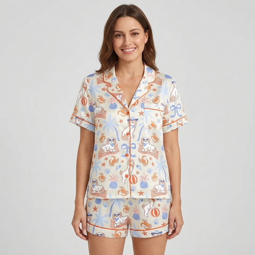 Women's satin pajama set with white pups in sunglasses with crabs, pineapples and palm trees - short sleeve and shorts