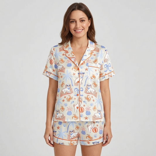 Women's satin pajama set with white pups in sunglasses with crabs, pineapples and palm trees - short sleeve and shorts