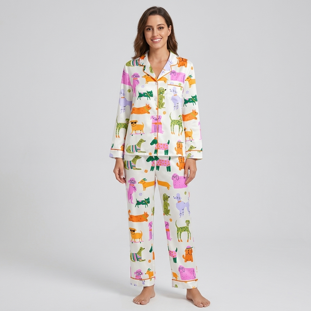 Women's satin pajama set with poodles in glasses and polka-dot dogs in orange, pink, lavender and green - long sleeve and pants