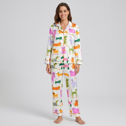 Women's satin pajama set with poodles in glasses and polka-dot dogs in orange, pink, lavender and green - long sleeve and pants
