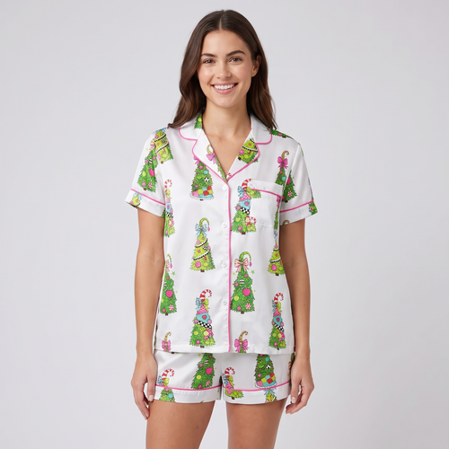 Green Character Coquette Trees Women's Pajama Set - short sleeve and shorts