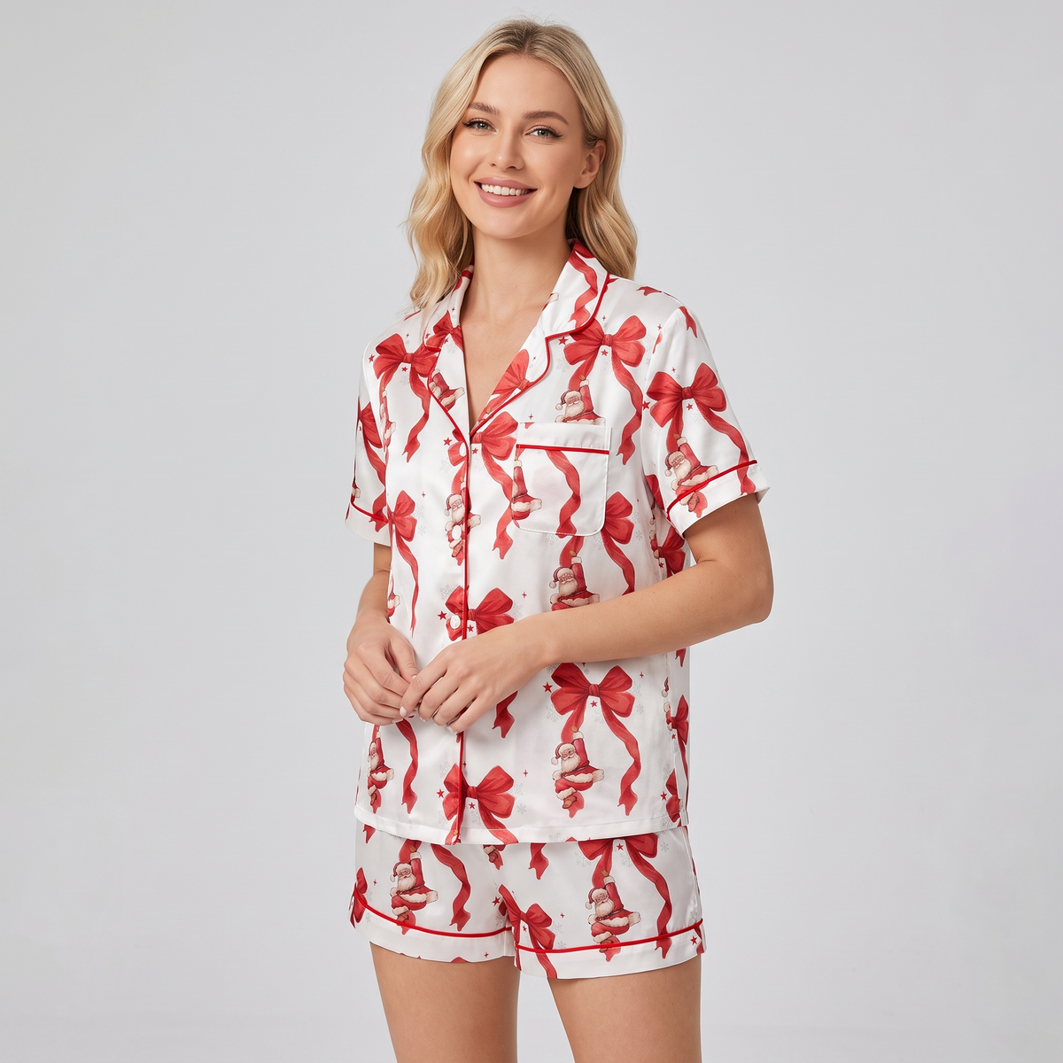 Red Bows & Santa Women's Pajama Set - short sleeve and shorts