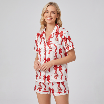 Red Bows & Santa Women's Pajama Set - short sleeve and shorts