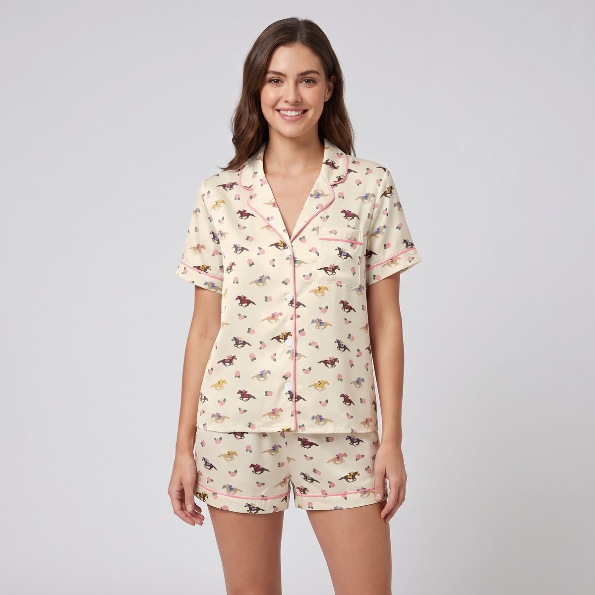 Tiny Jockeys Ditsy Horse Women's Pajama Set - short sleeve and shorts