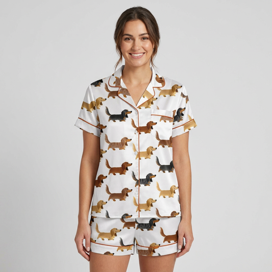 Women's satin pajama set with rows of chestnut, black-and-tan and golden dachshunds marching on white - short sleeve and shorts