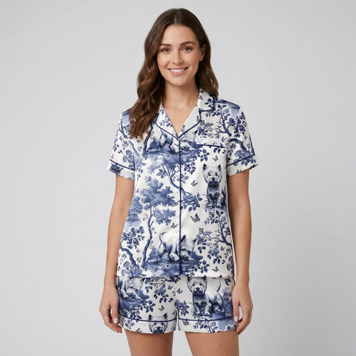 Women's satin pajama set with West Highland White Terriers in navy blue toile with branches and butterflies on white - short sleeve and shorts