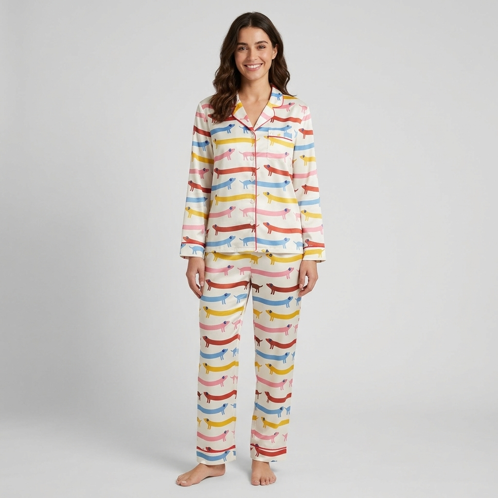 Women's satin pajama set with dachshunds in coral, yellow, sky blue and pink stripes on creamy white with pink piping - long sleeve and pants