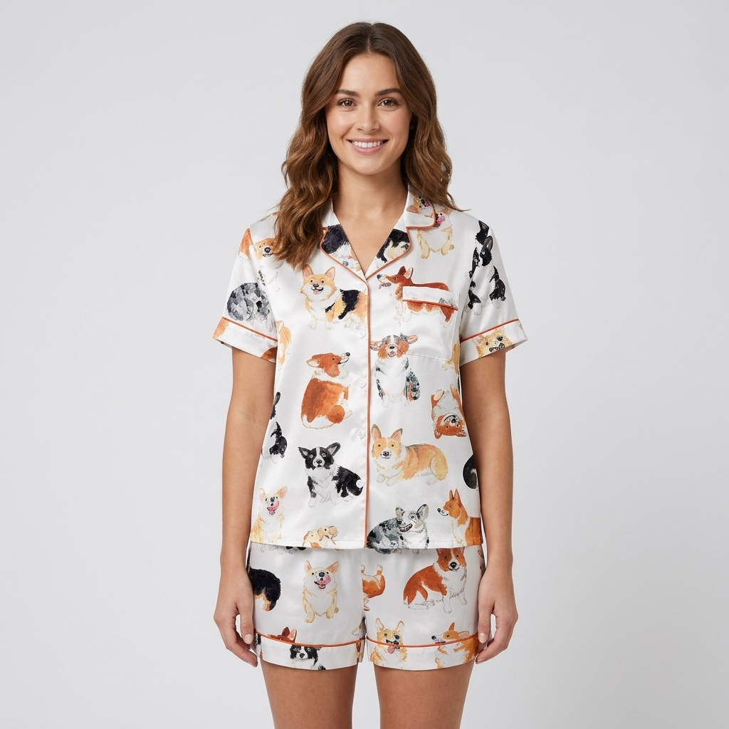 Women's satin pajama set with watercolor corgis flopping and trotting across white - short sleeve and shorts
