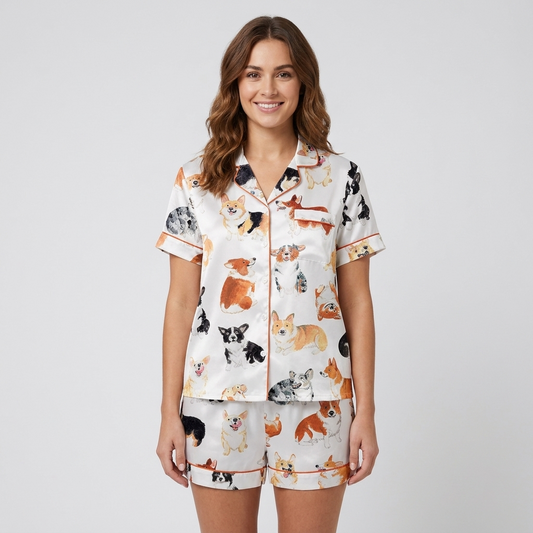 Women's satin pajama set with watercolor corgis flopping and trotting across white - short sleeve and shorts