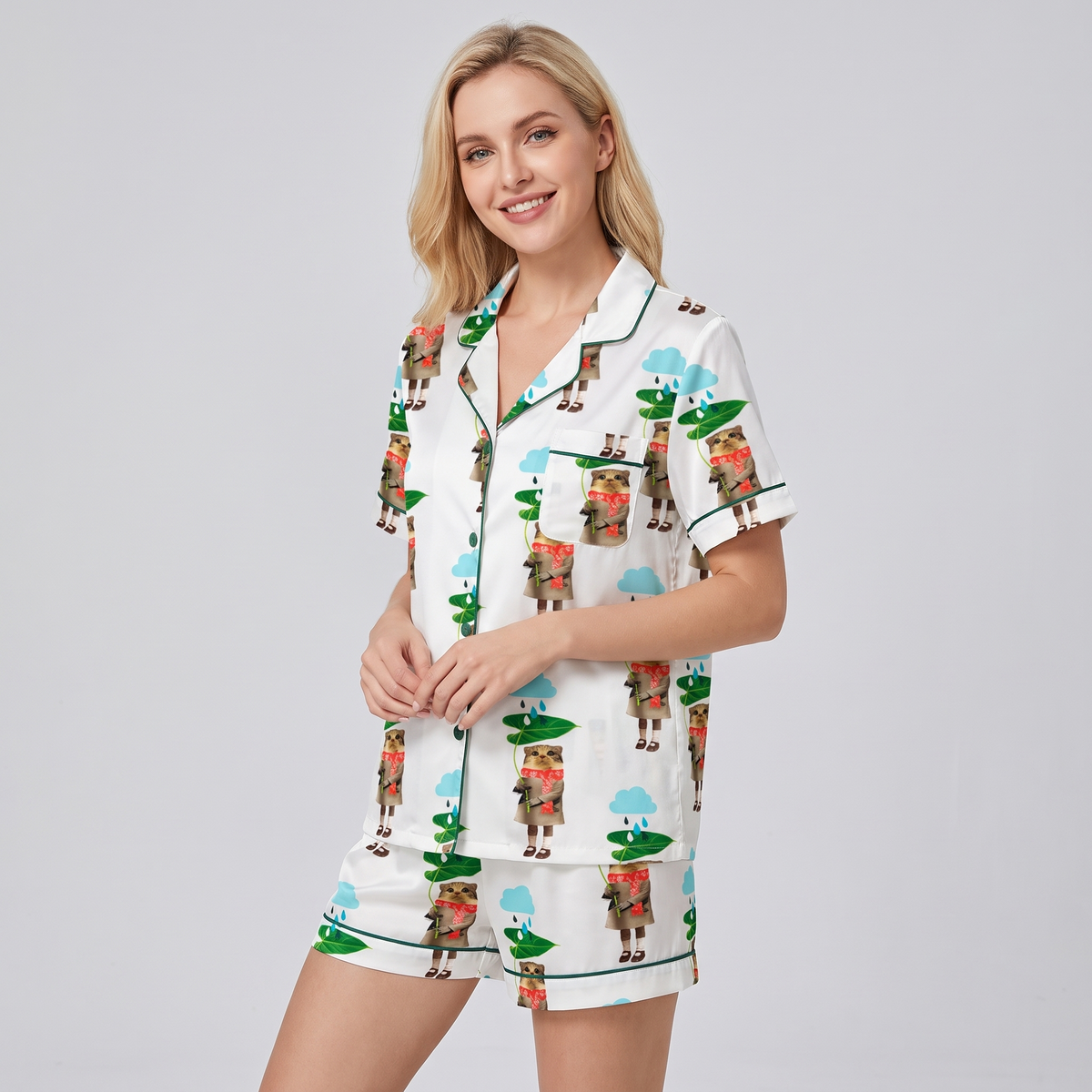 Leaf Umbrella Cats Women's Pajama Set - short sleeve and shorts