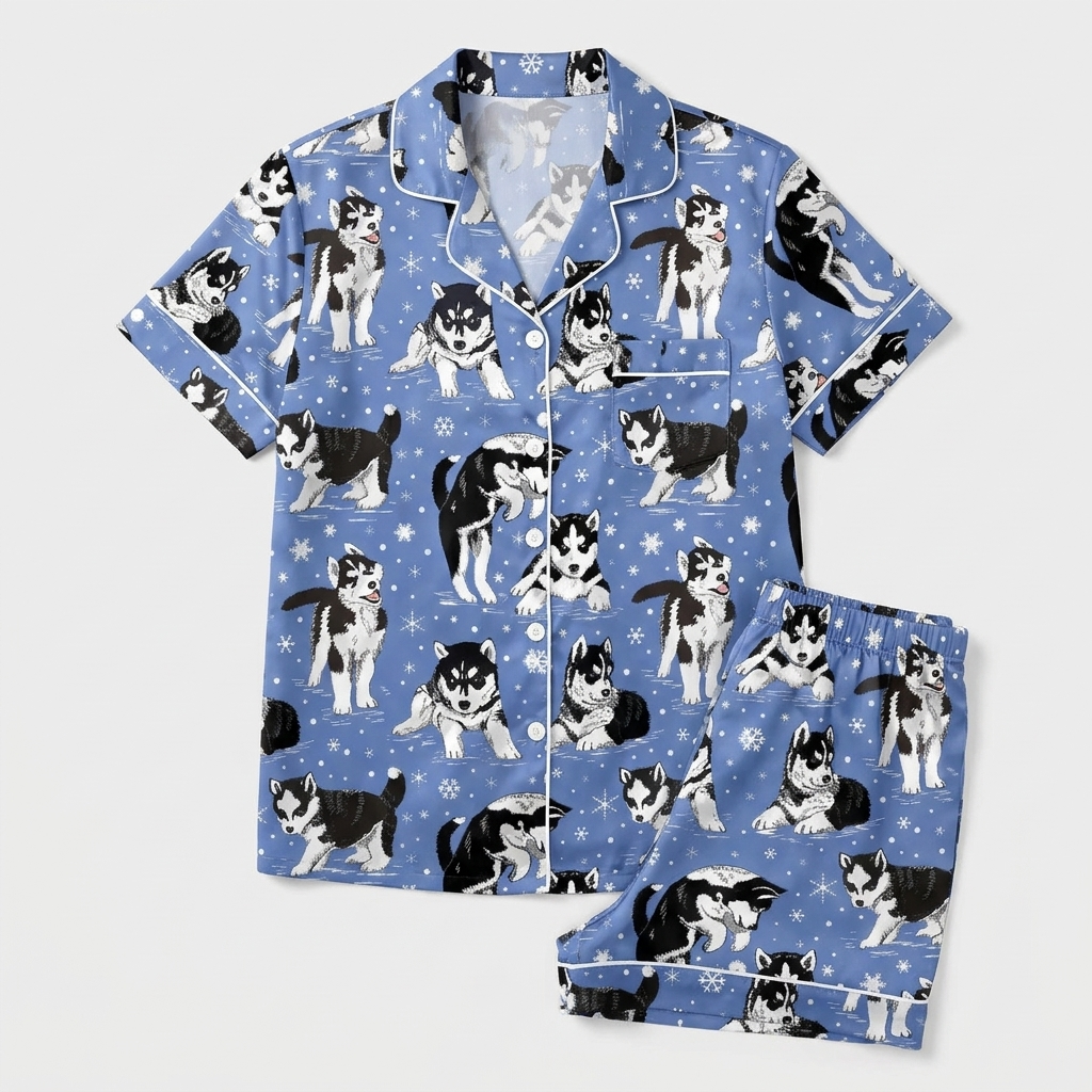Women's satin pajama set with black-and-white huskies in scarves among snowflakes on periwinkle blue - flat lay