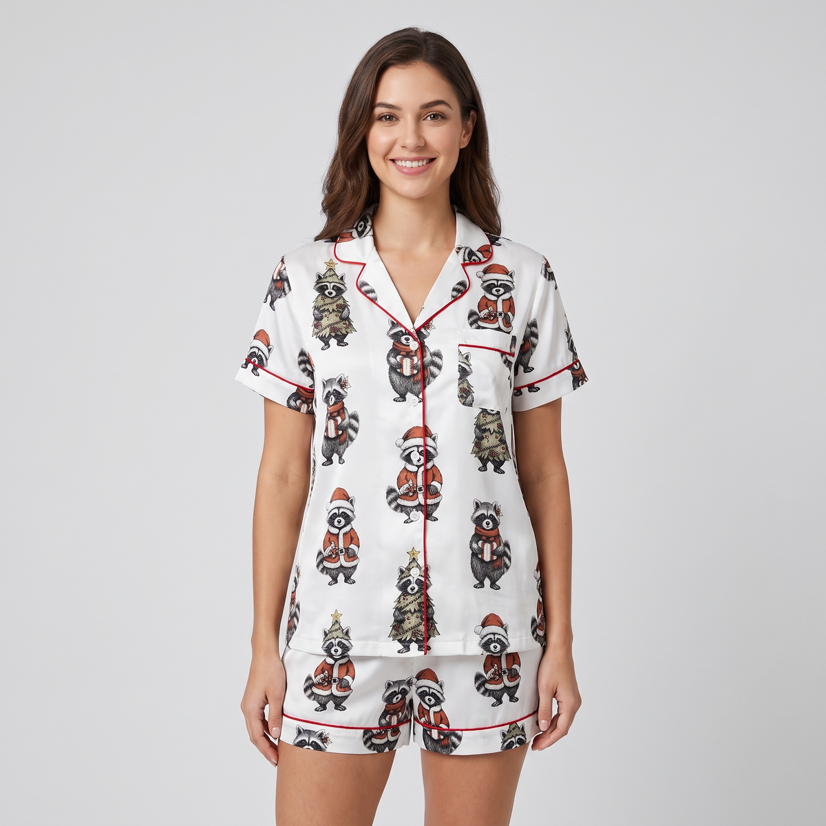Raccoon Trio Christmas Women's Pajama Set - short sleeve and shorts