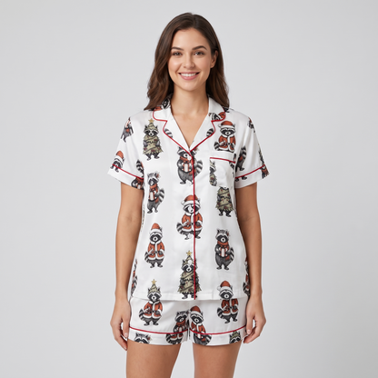 Raccoon Trio Christmas Women's Pajama Set - short sleeve and shorts