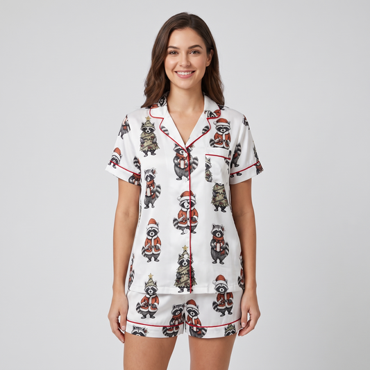 Raccoon Trio Christmas Women's Pajama Set - short sleeve and shorts