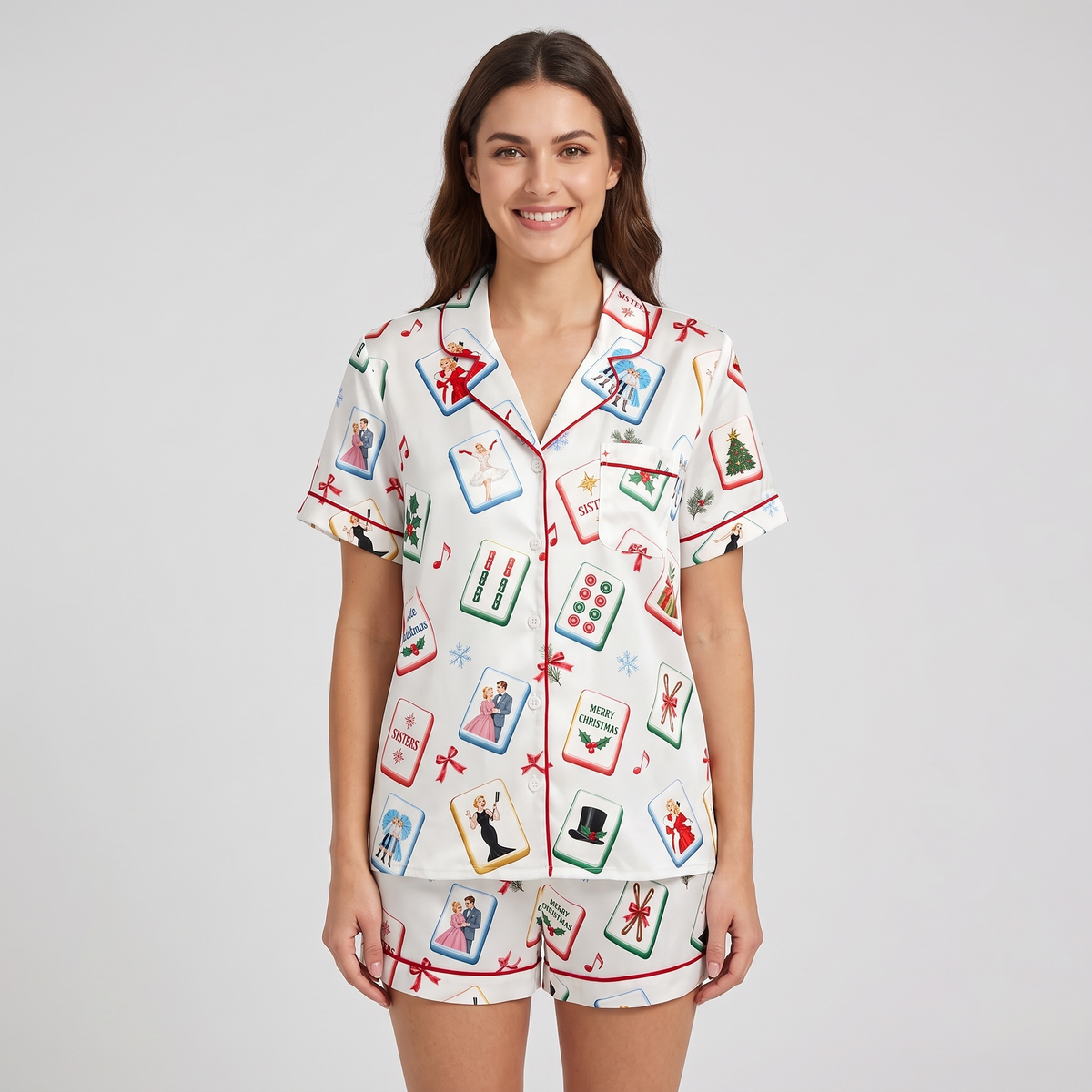 White Christmas Mahjong Inspired Women's Pajama Set - short sleeve and shorts