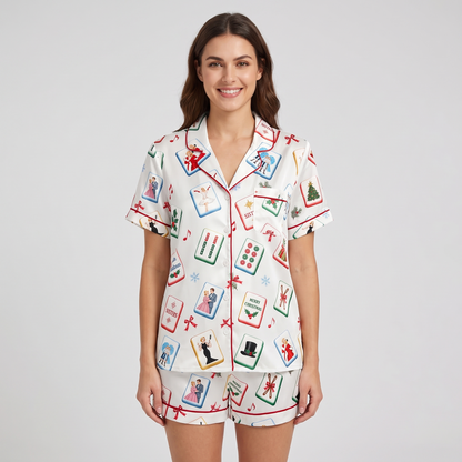 White Christmas Mahjong Inspired Women's Pajama Set - short sleeve and shorts