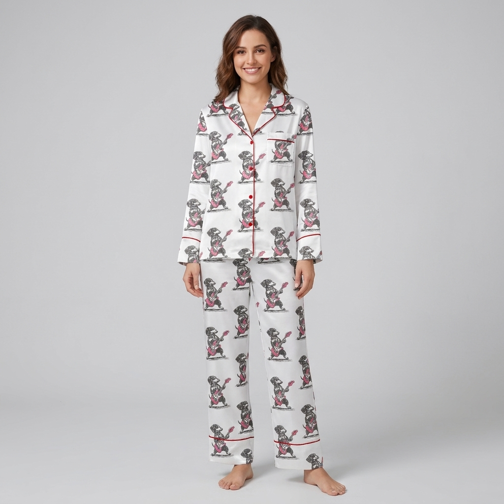 Women's satin pajama set with a black dachshund playing electric guitar on white with red piping - long sleeve and pants