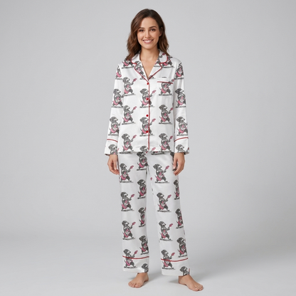 Women's satin pajama set with a black dachshund playing electric guitar on white with red piping - long sleeve and pants