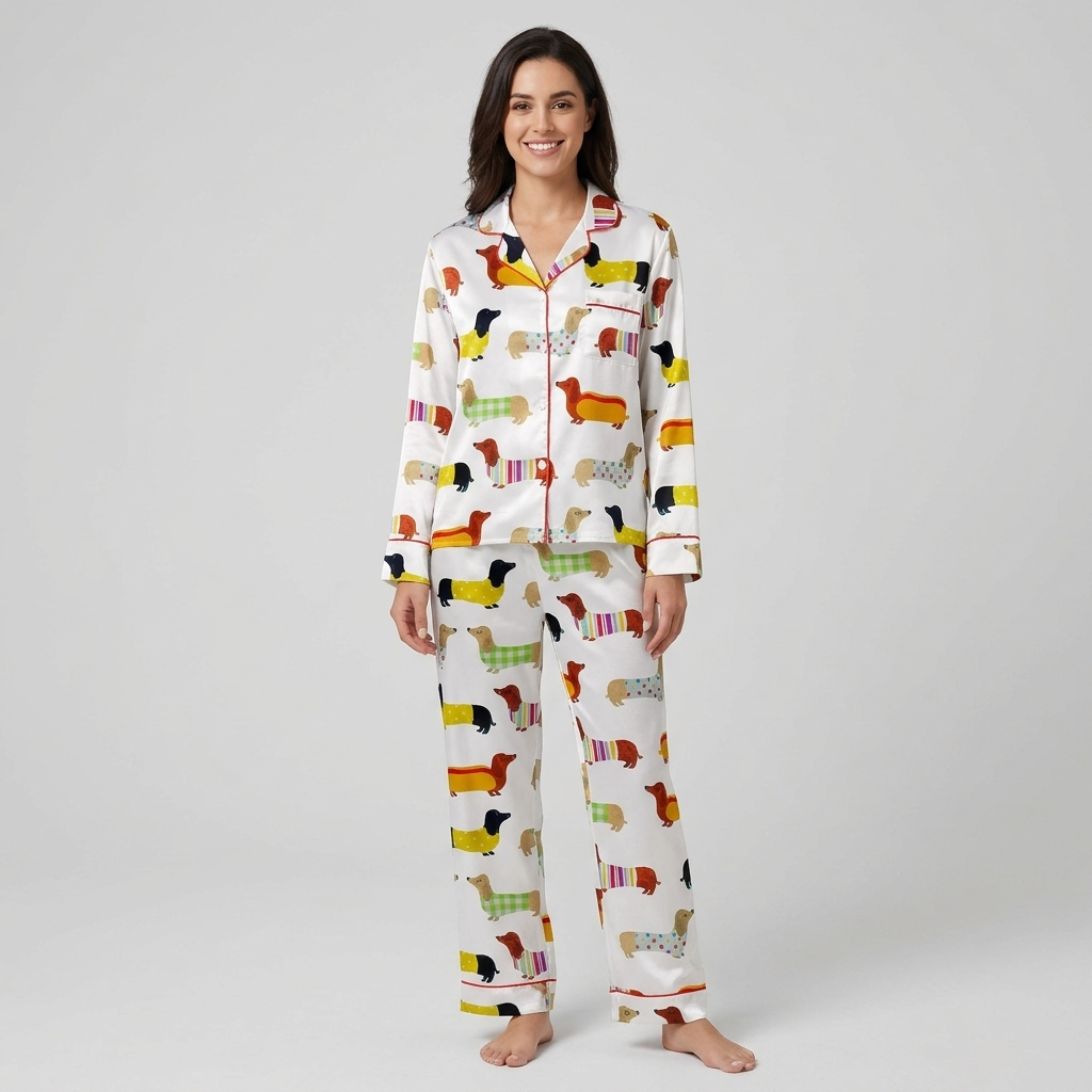 Women's satin pajama set with dachshunds in gingham and striped sweaters, one dressed as a hot dog, on white - long sleeve and pants