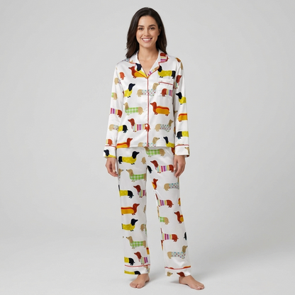 Women's satin pajama set with dachshunds in gingham and striped sweaters, one dressed as a hot dog, on white - long sleeve and pants