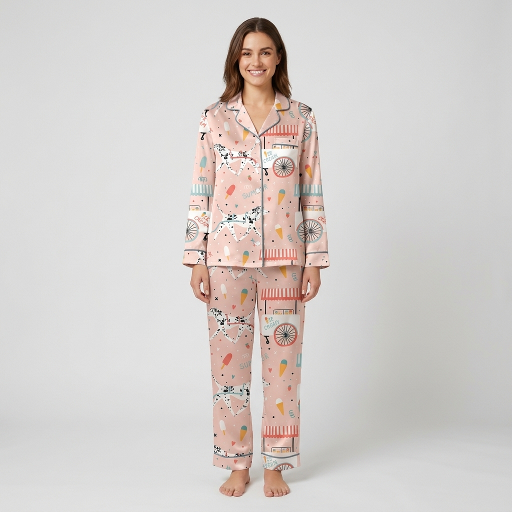 Women's satin pajama set with Dalmatians beside pastel ice cream carts and popsicles on blush pink - long sleeve and pants