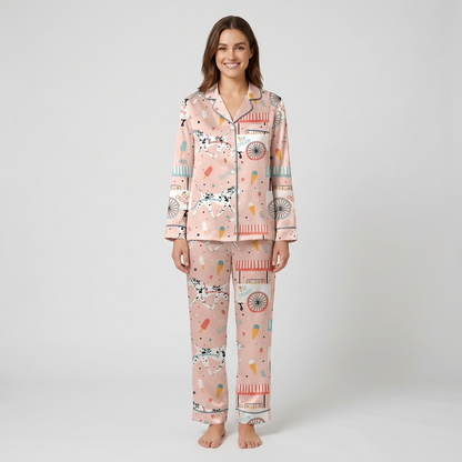Women's satin pajama set with Dalmatians beside pastel ice cream carts and popsicles on blush pink - long sleeve and pants
