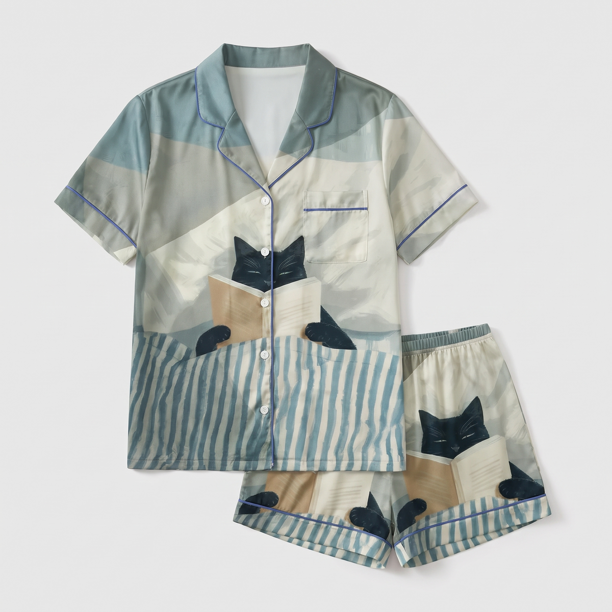 Bookworm Cat Women's Pajama Set - flat lay
