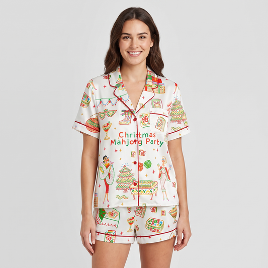 Christmas Mahjong Party Women's Pajama Set - short sleeve and shorts