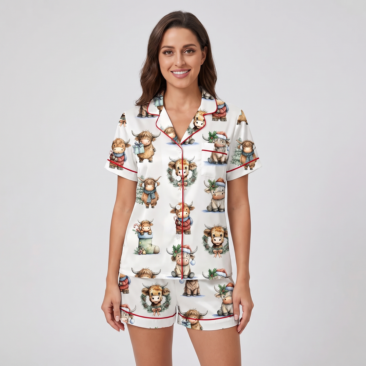 Highland Cow Christmas Women's Pajama Set - short sleeve and shorts